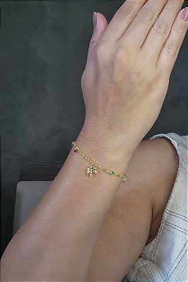 Pulseira árvore Da Vida Com Zircônias Coloridas Banhado Em Ouro 18k