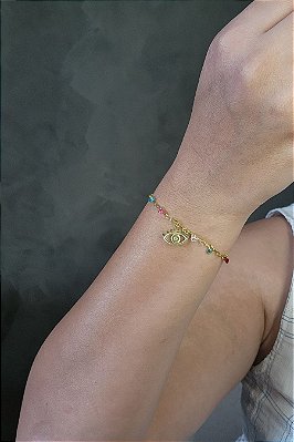 Pulseira Olho Grego Com Zircônias Coloridas Banhado Em Ouro 18k