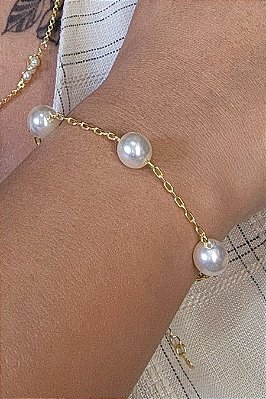 Pulseira De Pérolas Grandes Banhado Em Ouro 18k