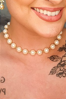 Choker De Pérolas Grandes Banhado Em Ouro 18k