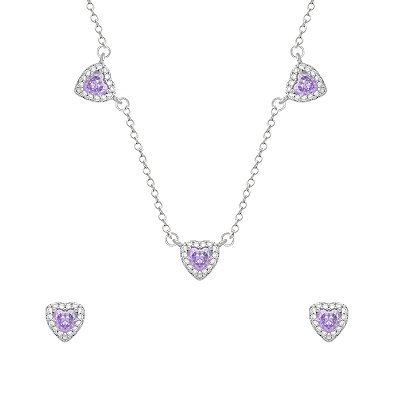 Conjunto Prateado de Coração Lilás Cravejado de Zircônia