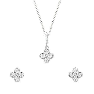 Conjunto Prateado de Trevo Cravejado de Zircônia