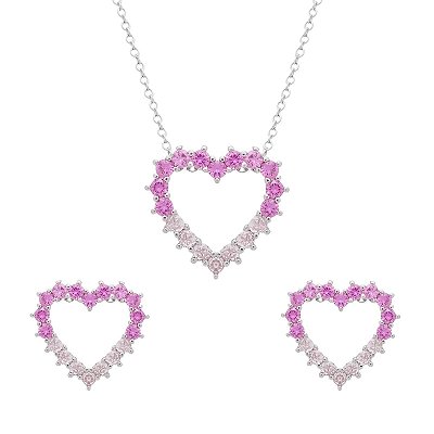 Conjunto Prateado de Coração Vazado Cravejado de Zircônia Rosa Dois Tons