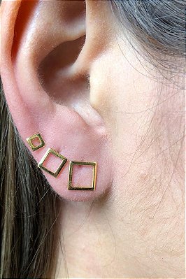 Trio De Brincos Quadrados Banhado Em Ouro 18k