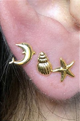 Trio De Brincos Marinhos Banhado Em Ouro 18k