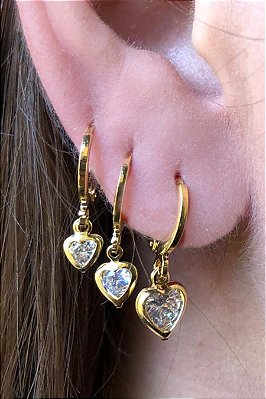 Trio Argolinha Coração De Zircônia Banhado Em Ouro 18k