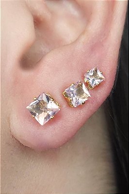 Trio Quadrado De Zircônia Rosa Claro Banhado Em Ouro 18k