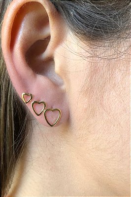 Trio De Corações Vazados Banhado Em Ouro 18k