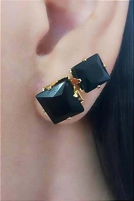 Duo Quadrado De Zircônias Grande Preto Banhado Em Ouro 18k