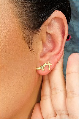 Duo De Cruz E Espírito Santo Banhado Em Ouro 18k