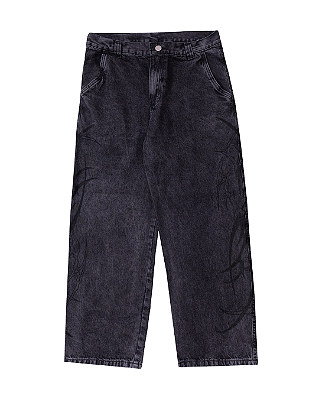 Calça Jeans Baggy Preto Estonada Estampada