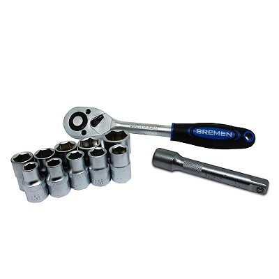KIT CHAVE CATRACA ½" AÇO CROMO VANADIO 12 PEÇAS SOQUETES SEXTAVADOS BREMEN 9779