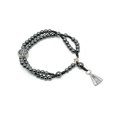 Pulseira Terço De São Bento Hematita 4mm Com Medalha De N. Sra. Aparecida