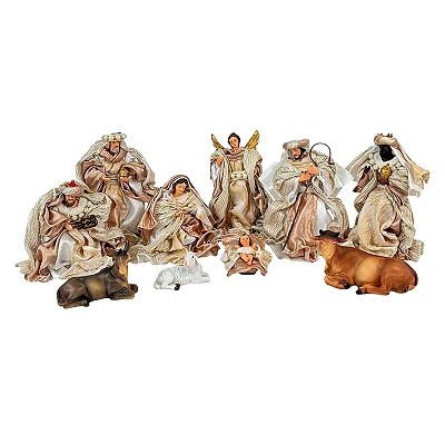 Presépio Resina Roupa De Tecido Branco E Champanhe 15cm - 10 Peças Santini
