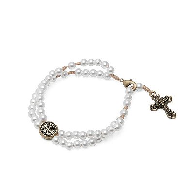 Pulseira Terço Pérola Medalha De São Bento 5mm