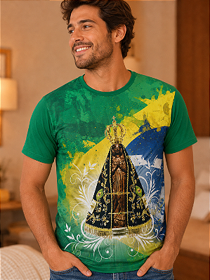 Camiseta Tradicional Nossa Senhora Aparecida Verde Bandeira Sabatini