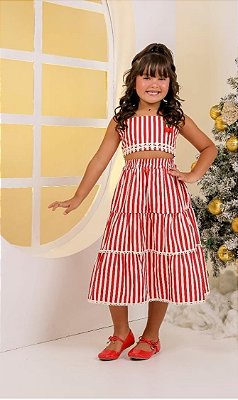 Vestido Infantil Estilo Verão com Listras Vermelhas e Brancas