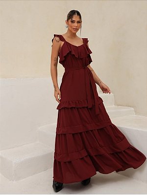 Vestido Longo com Babados em Vinho