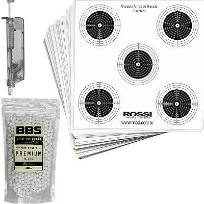 Alvos Rossi 50 un 14x14cm + Munição 12g 1000 un + Carregador