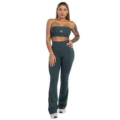 CONJUNTO TOP FAIXA E LEGGING FLARE VERDE MILITAR