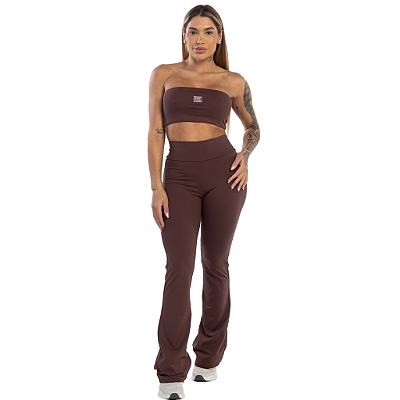 CONJUNTO TOP FAIXA E LEGGING FLARE MARROM