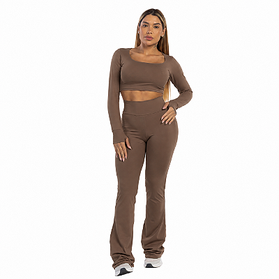 CONJUNTO CROPPED MANGA LONGA E LEGGING FLARE MARROM