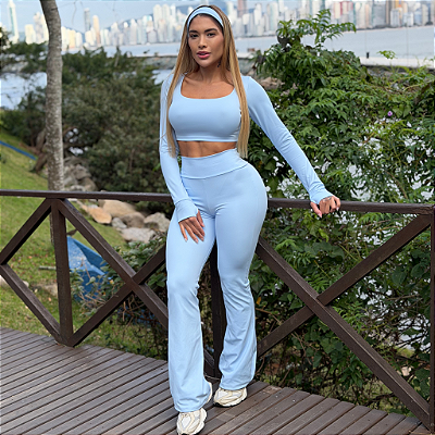 CONJUNTO CROPPED MANGA LONGA E LEGGING FLARE AZUL BEBÊ