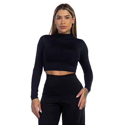 CROPPED MANGA LONGA GOLA ALTA PRETO