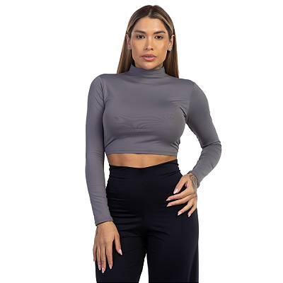 CROPPED MANGA LONGA GOLA ALTA CINZA