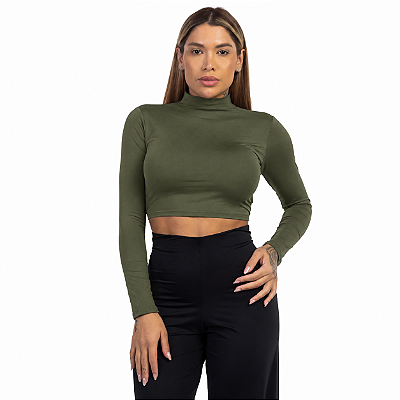CROPPED MANGA LONGA GOLA ALTA VERDE MILITAR