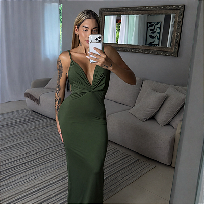 VESTIDO AYLA LONGO DRAPEADO VERDE MILITAR