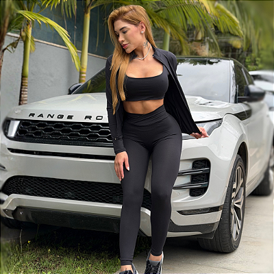 TRIO JAQUETA LONGA TOP E CALÇA LEGGING PRETO
