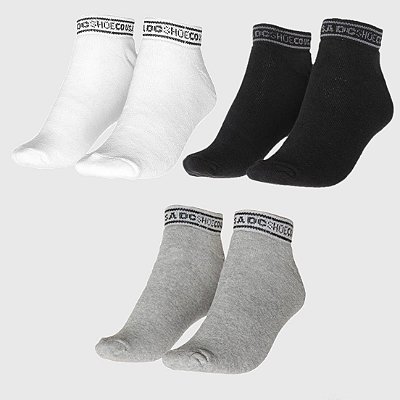 Meia DC Shoes Cano Baixo Kit 3 Pares Preto/Cinza/Branco