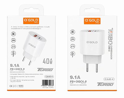 Carregador Fonte 40W USB Tipo C 9.1A CA40 Turbo Carregamento Rápido