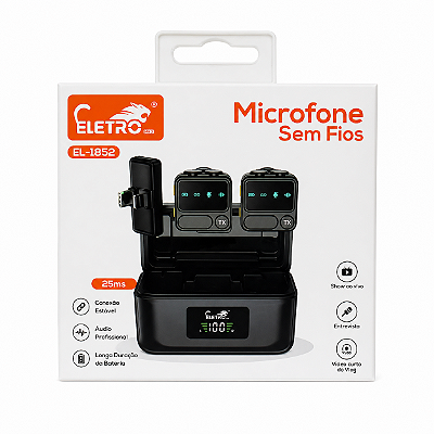 Microfone Sem Fio Eletro EL-1852 Lapela Duplo para iPhone e Android