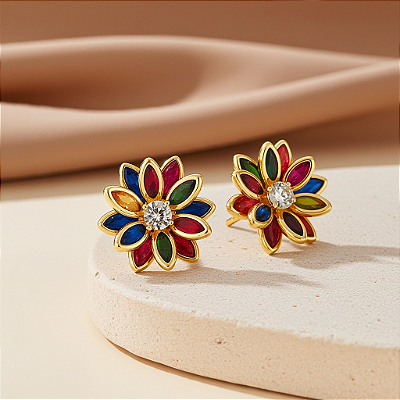 Brinco Flor Arco-Íris - Banhado a Ouro 18K