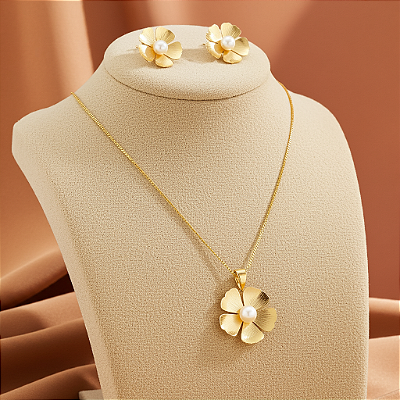 Conjunto Flor Dourada com Pérola – Banhado a Ouro 18K