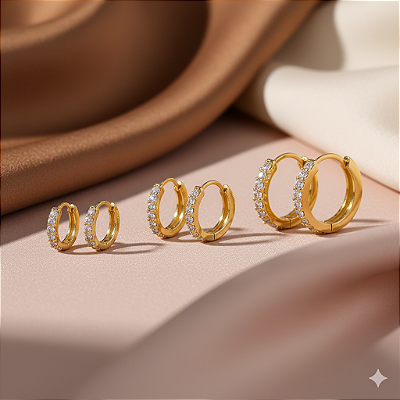 Trio de Argolas Luz do Sol Banhadas a Ouro 18K e Cravejado com Zircônias