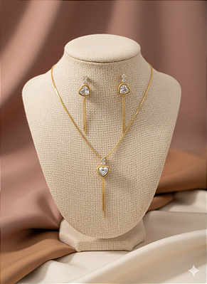 Conjunto Cascade de Coração Banhado a Ouro 18K e Zircônia