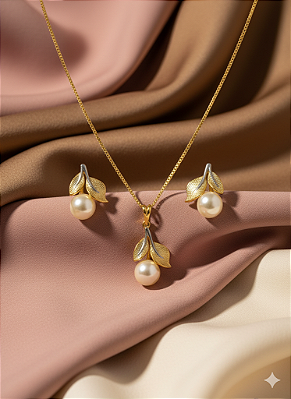 Conjunto Natureza Clássica Banhado a Ouro 18K com Pérolas