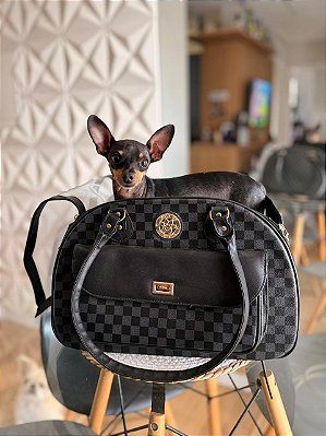 Bolsa Transporte Oval para Cães Xadrez Preto Cinza