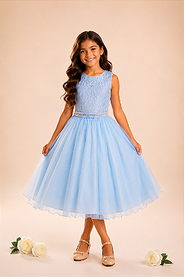 Vestido Infantil Juvenil Renda Dublada Azul 4 ao 16