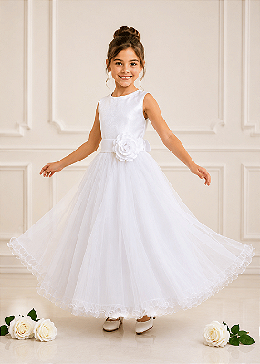 Vestido Daminha Longo Branco Flor 4 ao 16