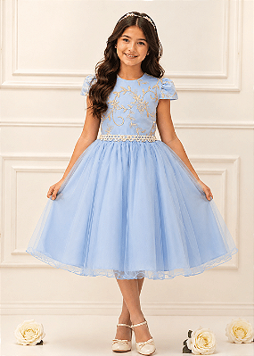 Vestido Infantil Azul Renda Dourada 4 ao 16