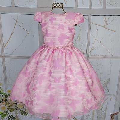 5362 Vestido Infantil Rosado Borboleta Devorê 1 ao 4