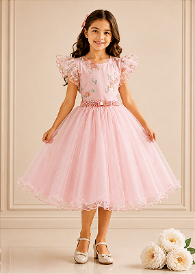 Vestido Festa Rosa Renda Color 4 ao 16