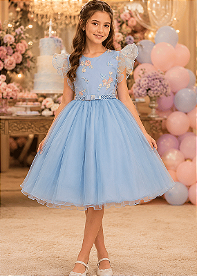 Vestido Festa Azul Renda Color 4 ao 16