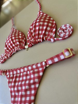 Cortininha com bojo 004 + calcinha 794 regulagem xadrez vermelho