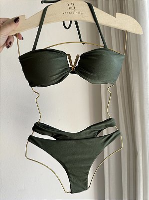 Top 244 TQC com acessório V + calcinha hot pants Glow militar