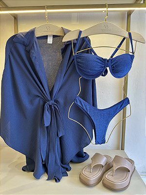 Top aro 815 meia taça drapeado + calcinha 012 asa delta velour marinho